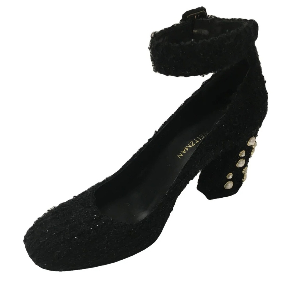 Stuart Weitzman Elegant Black Tweed Heels with Pearl Accents